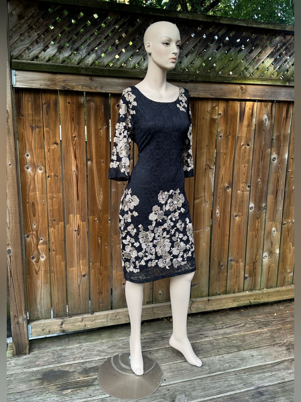 Black Lace Midi Dress with Burnished Gold Floral Embroidery